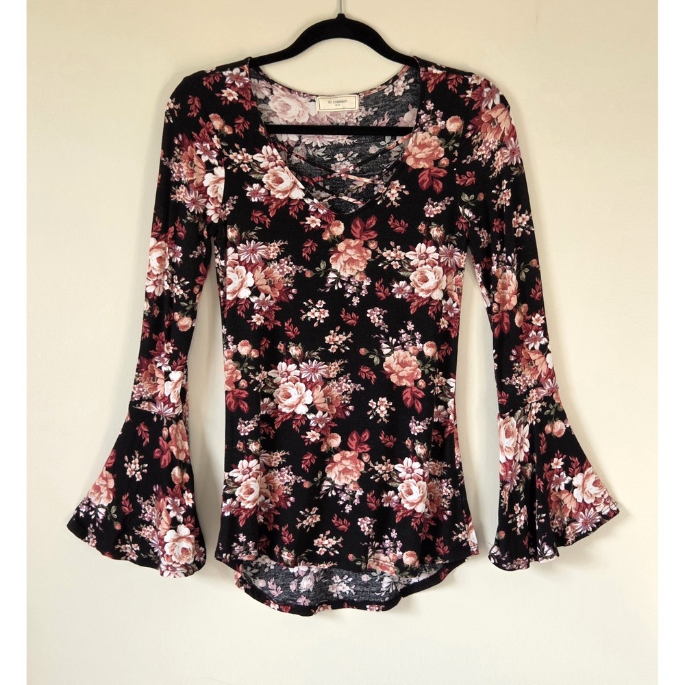 Boho Floral Bell Sleeve Cage Front Shirt Size S Witchy Dark Fairy Whimsigoth